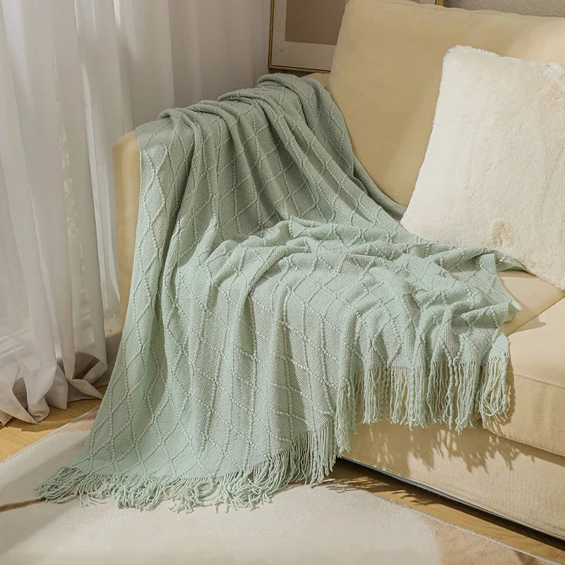 nordic knitted throw in diamond light green