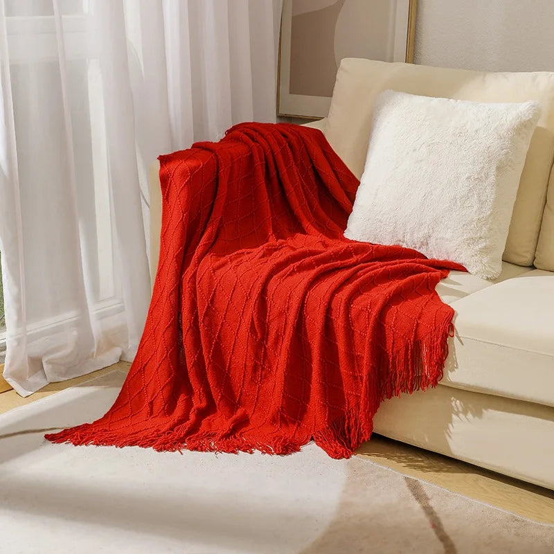 nordic knitted throw in diamond red