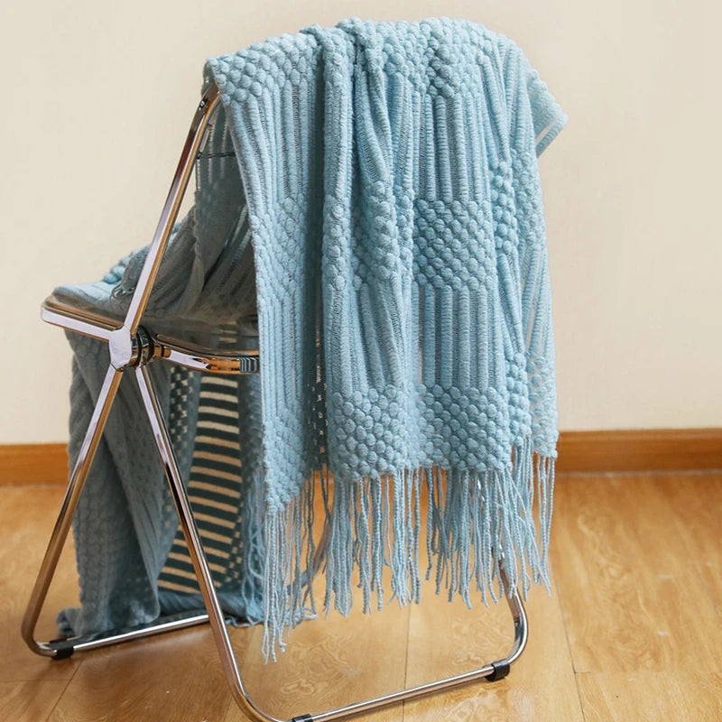 nordic knitted throw in textured light blue