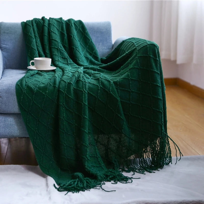 nordic knitted throw in diamond dark green